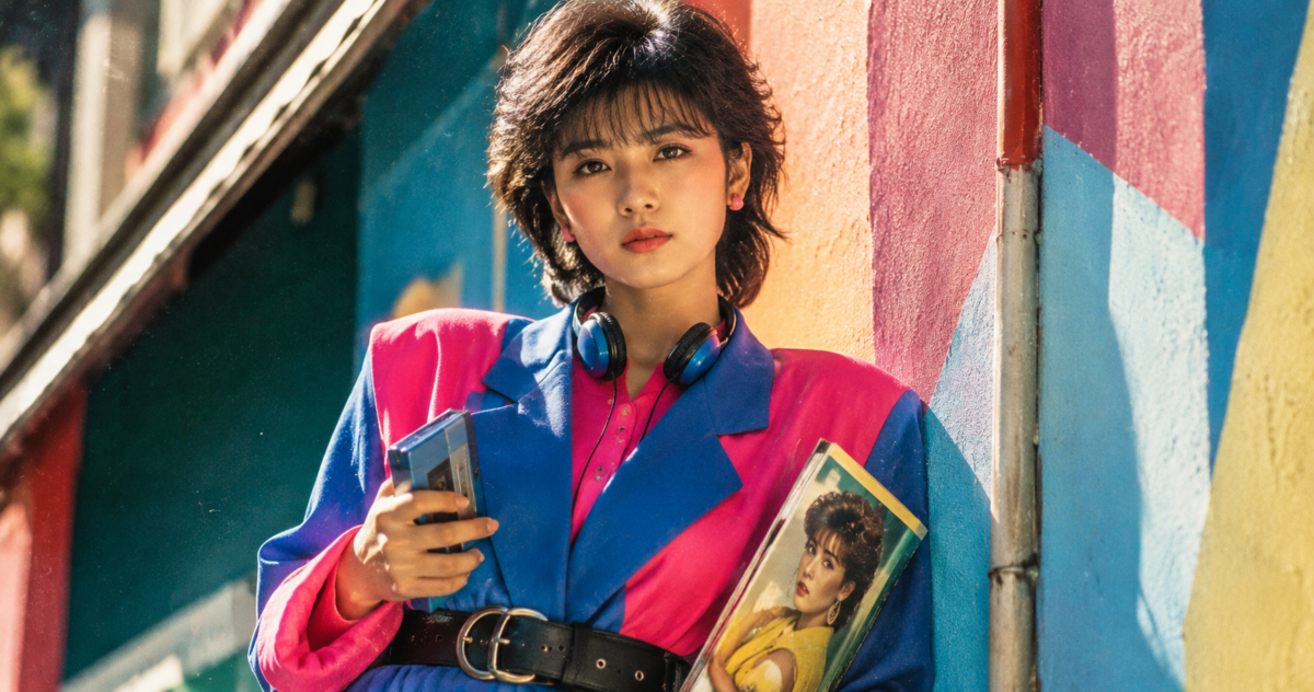 1980年代風の聖子ちゃんカットに、肩パッドが入った鮮やかなカラーブロックのビンテージブルゾンを着た女性の古着コーデ