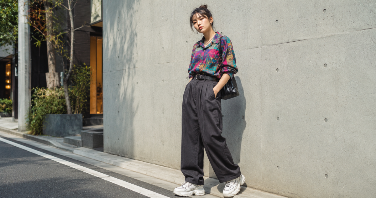 昭和レトロな柄シャツに現代的なワイドパンツとダッドスニーカーを合わせた、今っぽいリバイバル古着コーディネート