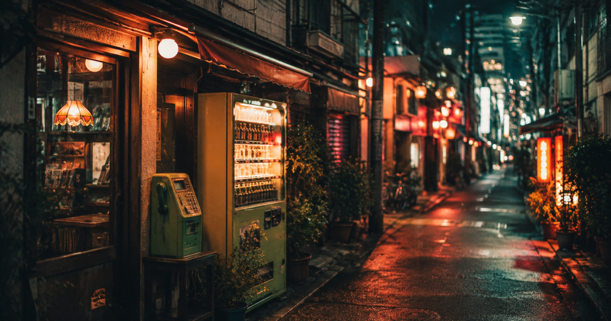 昭和レトロな雰囲気が漂う夜の路地裏と、温かい光を放つ喫茶店やレコード店のネオン看板